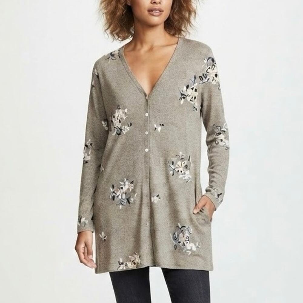 Figueroa & Flower Floral Embroidered Longline Cardigan Sweater Grey Boho Size XL